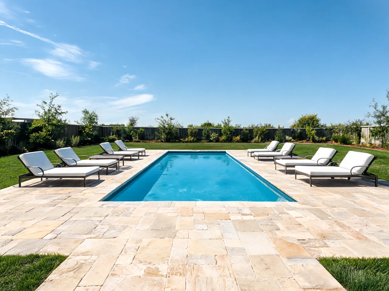 Pool deck idea with light beige travertine pavers and lounge chairs around a rectangular pool