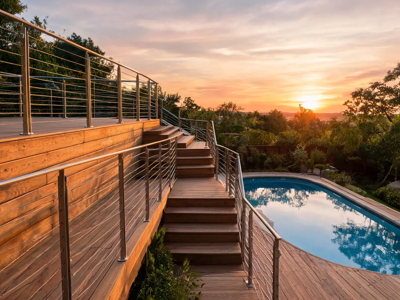 Multi-level wood pool deck idea stepping down a sloped backyard to the pool