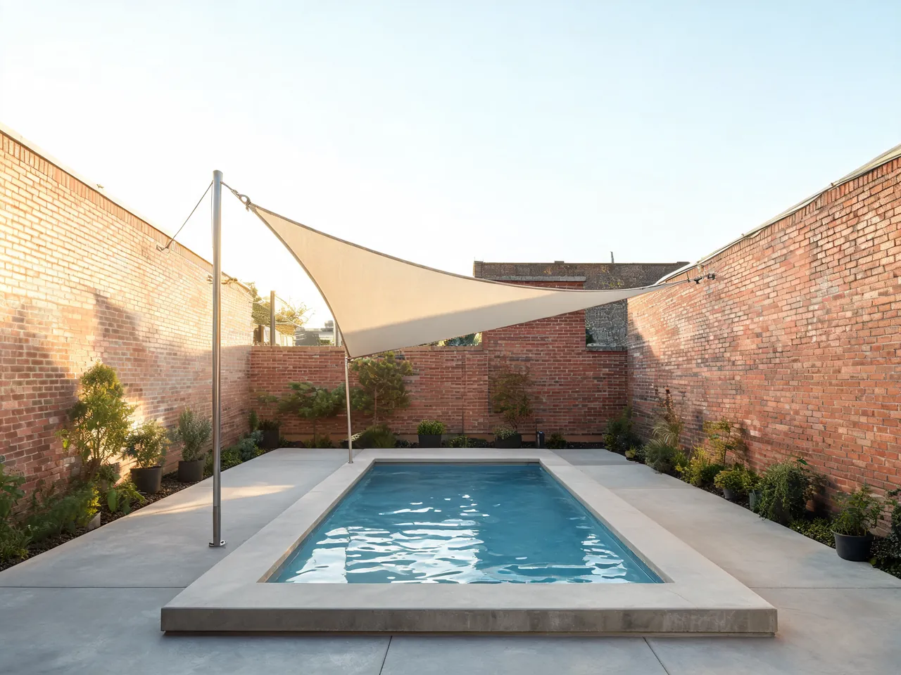 Small plunge pool deck idea with smooth cast concrete and a shade sail in a courtyard