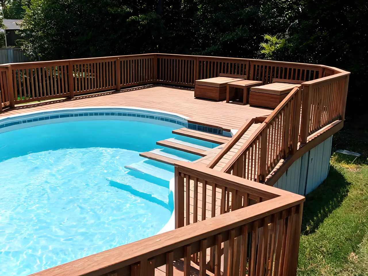 Composite wood pool deck idea in warm brown around an above-ground pool