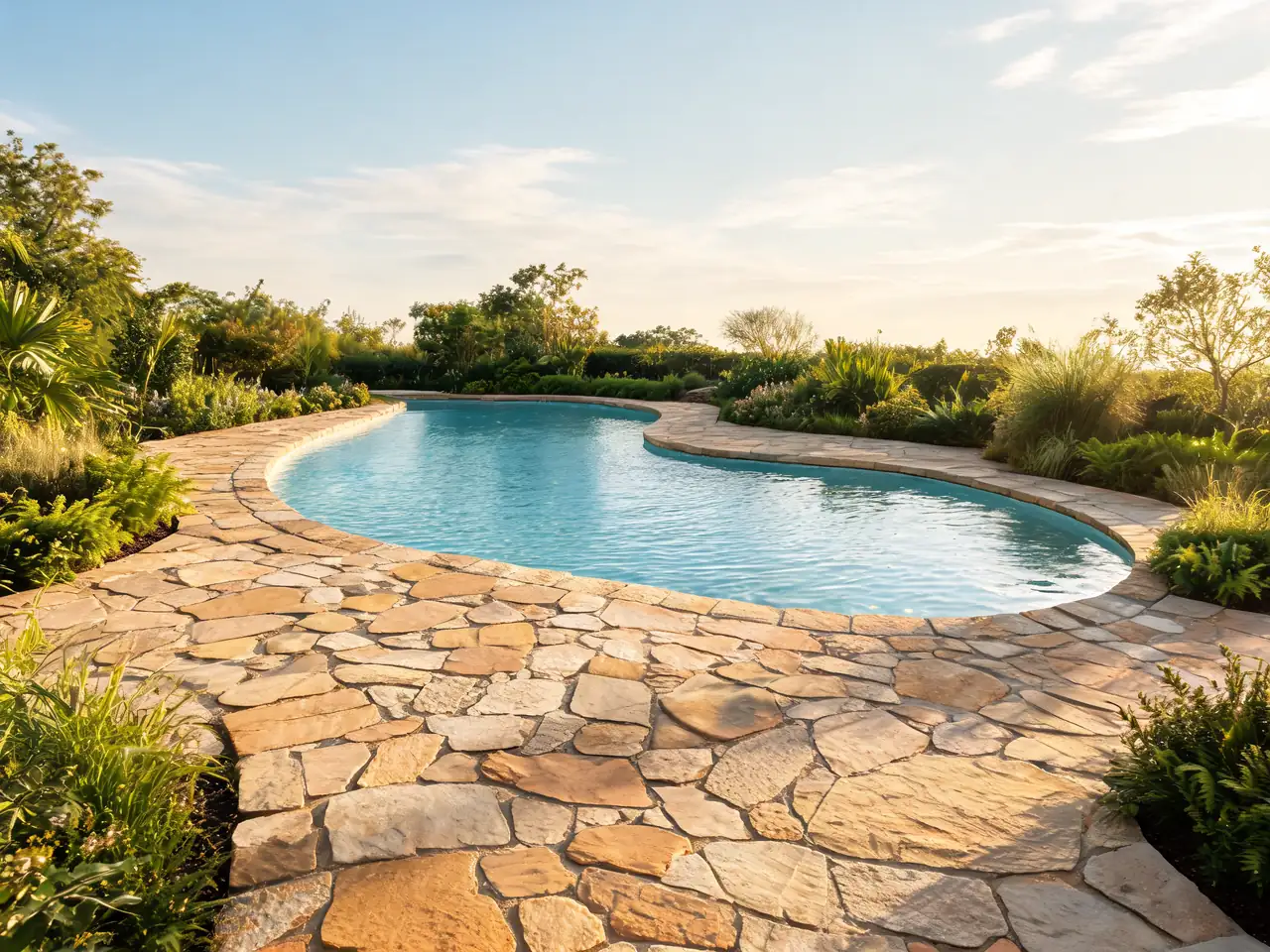 Natural flagstone pool deck idea in earthy tones around a lagoon style pool