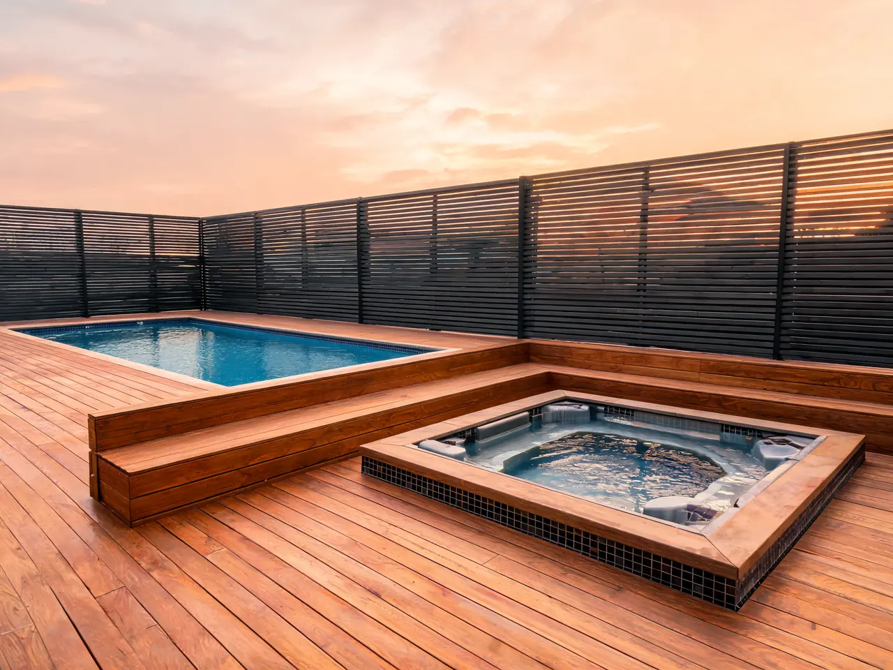 Hardwood pool deck idea with built-in bench seating beside a narrow lap pool