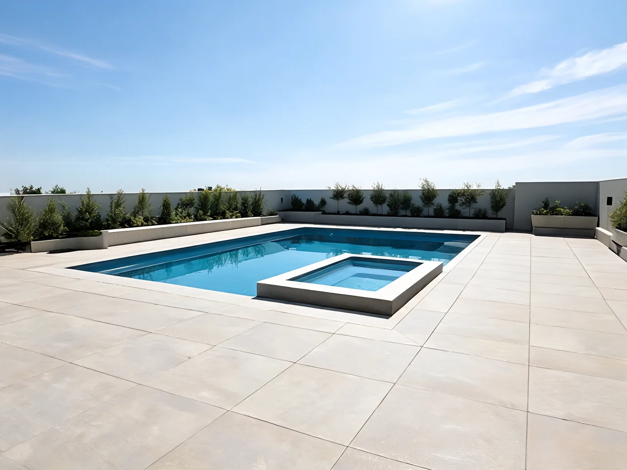 Large-format porcelain tile pool deck idea around a geometric pool with a flush spa
