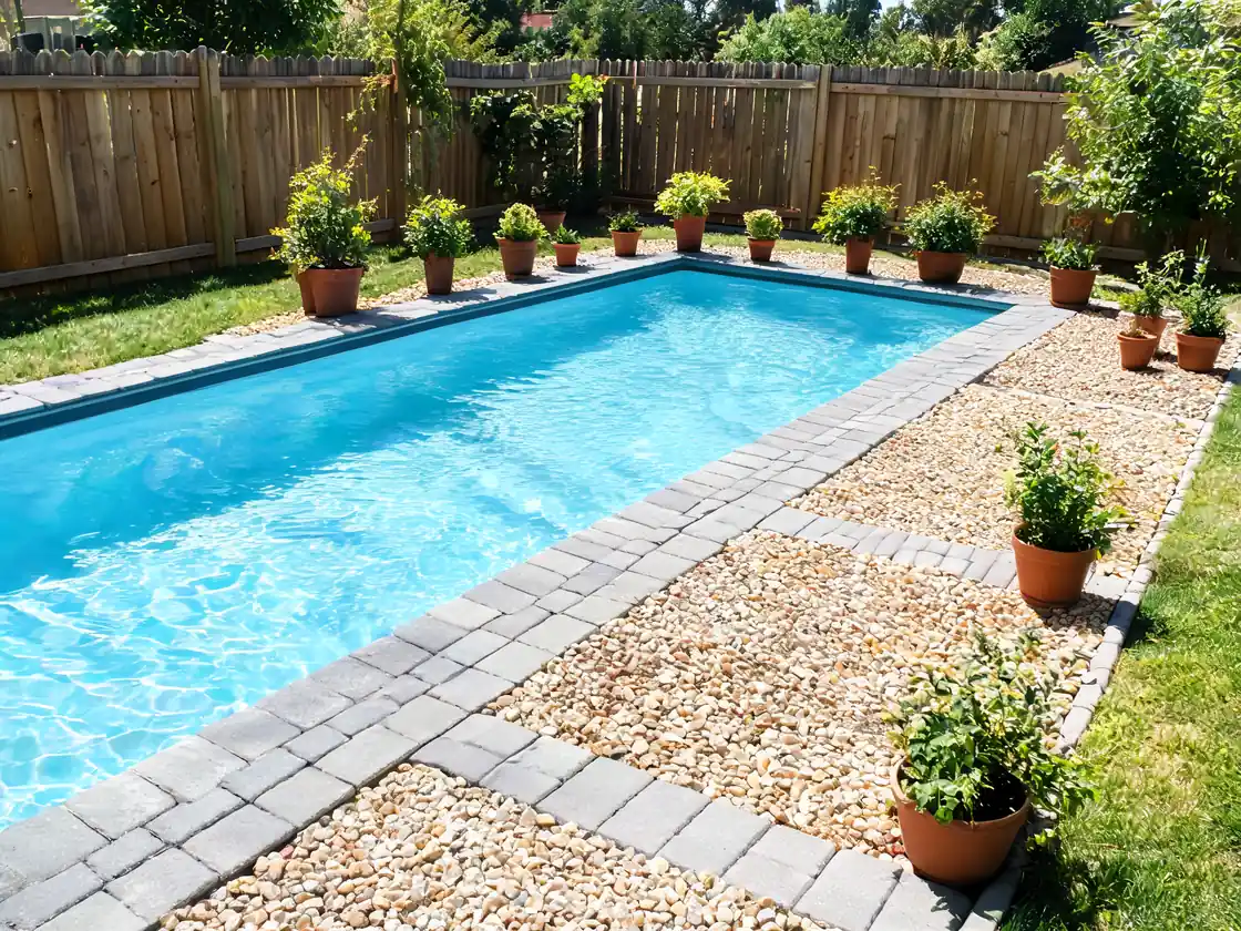 Budget pool deck idea combining a paver walkway with pea gravel seating areas