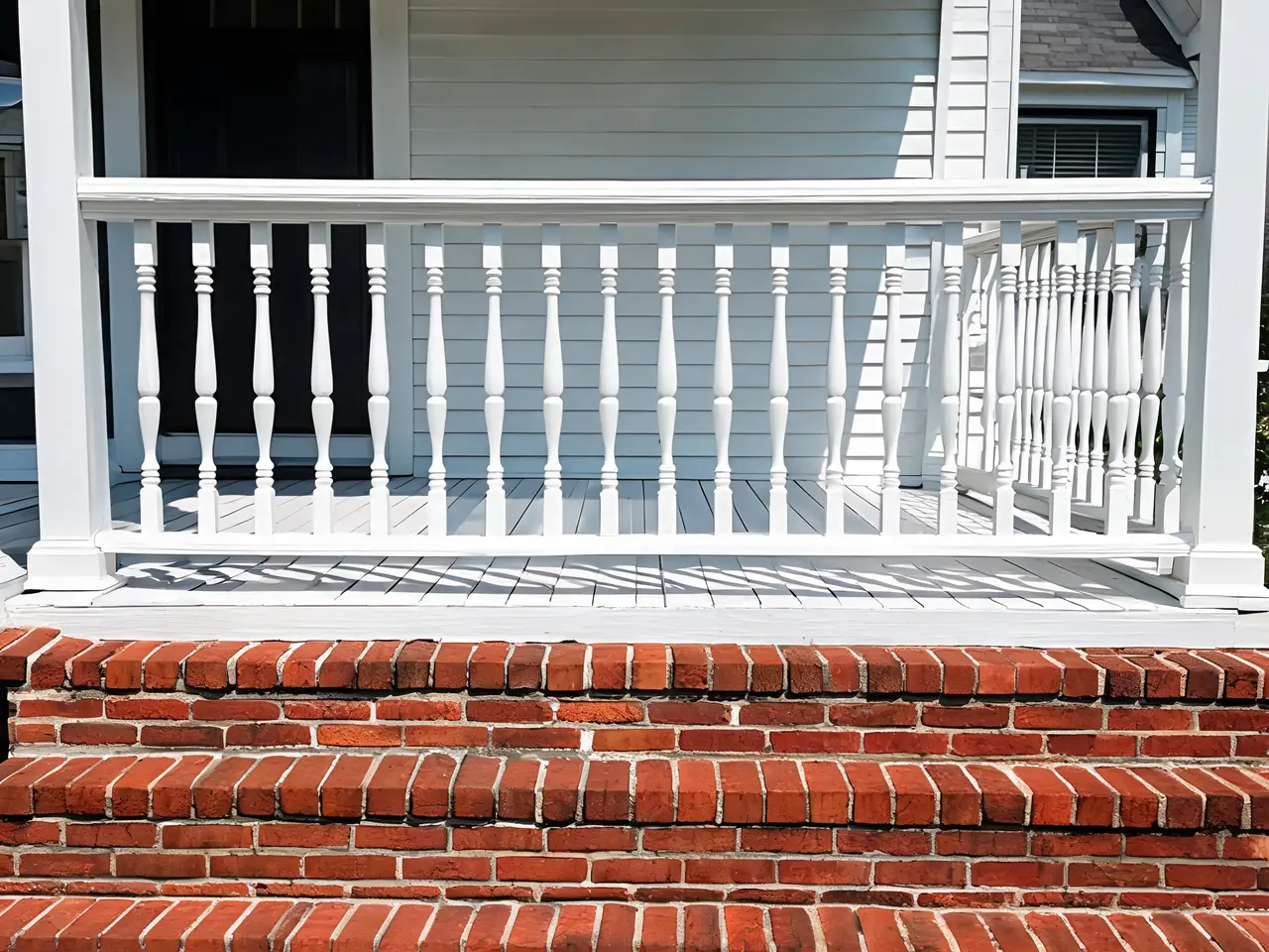 Classic white spindle porch railing idea on a traditional front porch with brick steps
