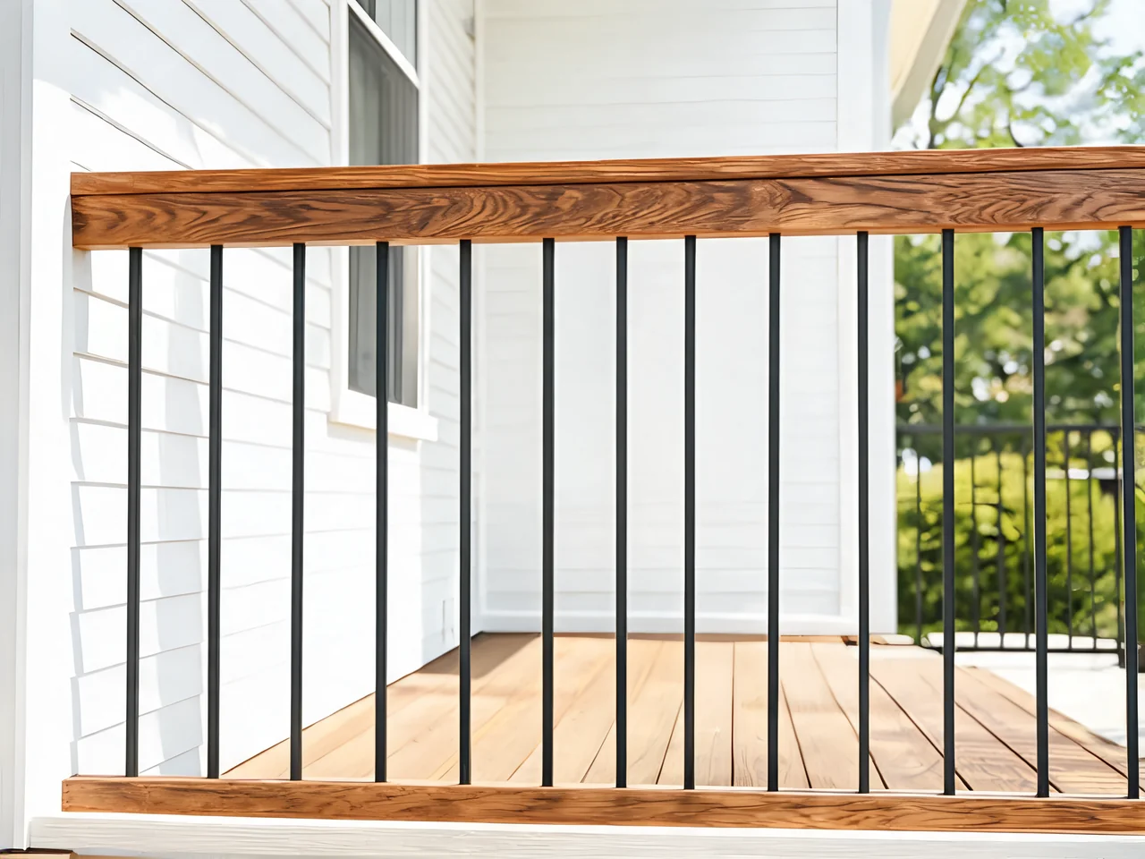 Mixed wood and black metal porch railing idea on a modern farmhouse porch