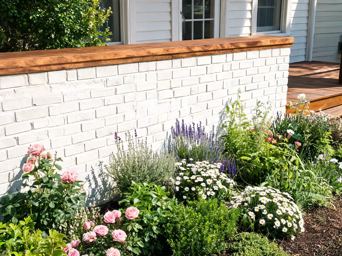 Painted brick knee wall porch railing idea with a stained wood cap rail