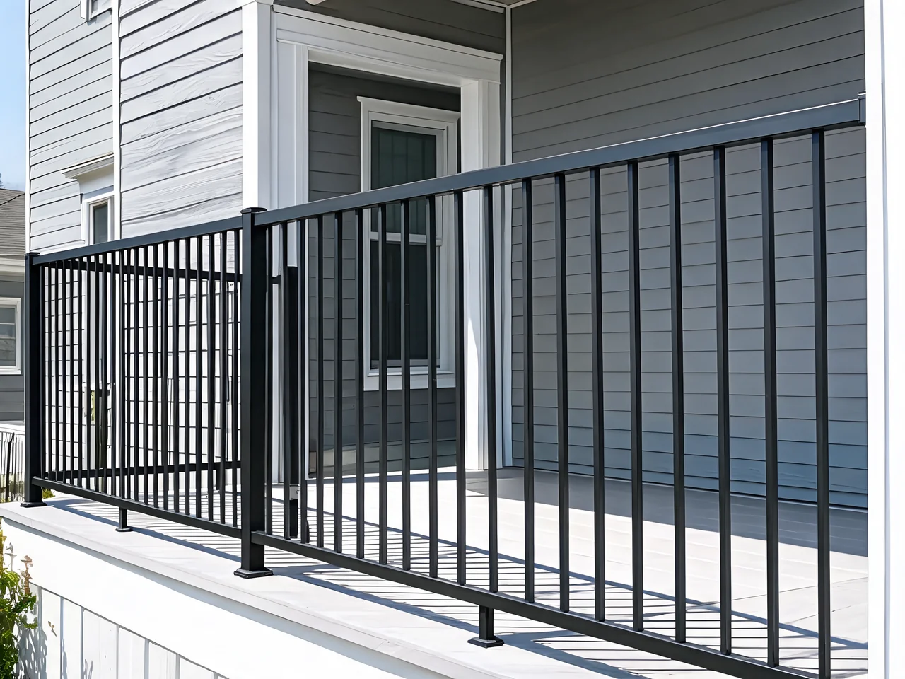 Modern black metal porch railing idea with slim vertical balusters