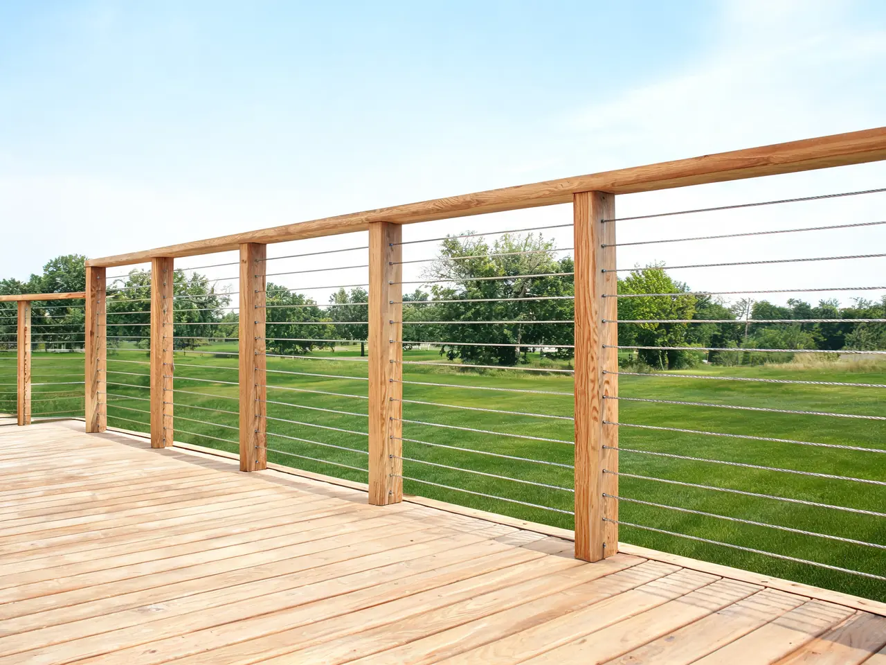 Horizontal stainless cable porch railing idea with cedar posts on a wood deck