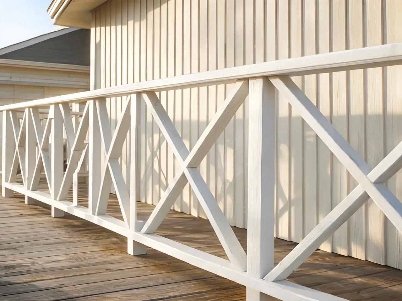 Farmhouse X-pattern porch railing idea painted white on a wraparound porch