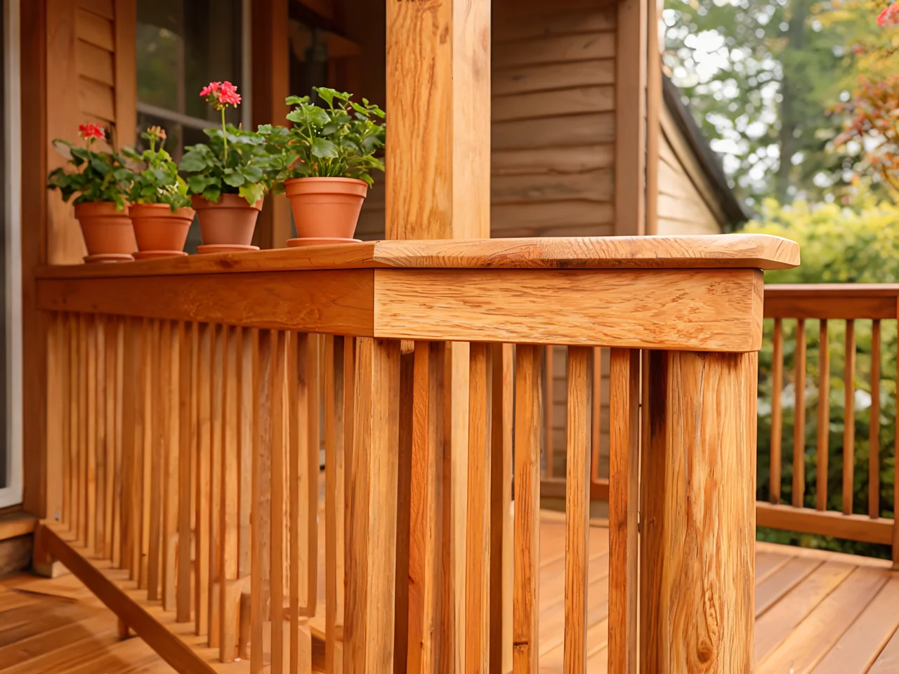 Natural stained cedar porch railing idea with a wide flat drink rail cap