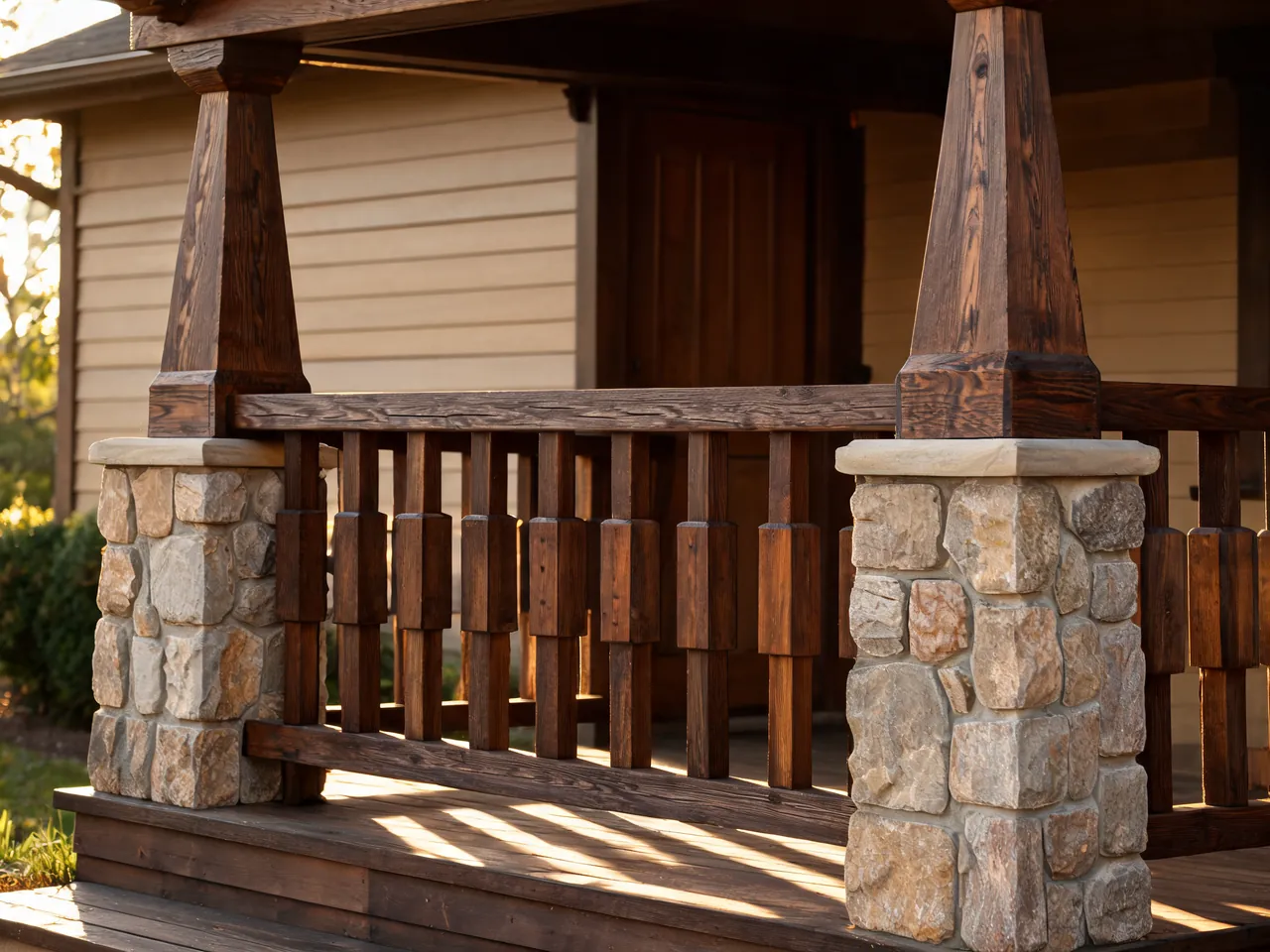 Craftsman porch railing idea with square balusters and tapered columns on stone piers