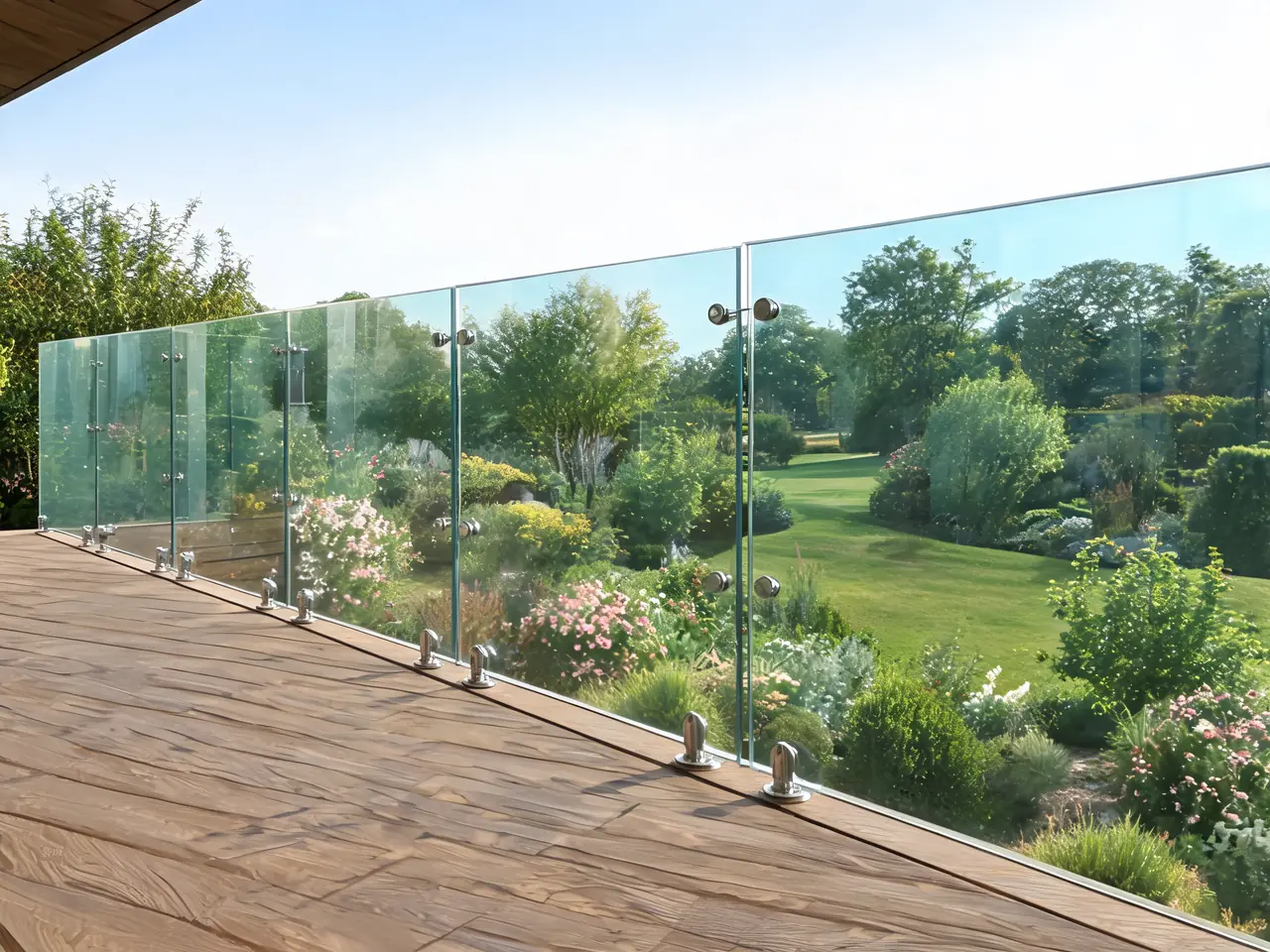Frameless glass panel railing idea on a modern second-story porch deck