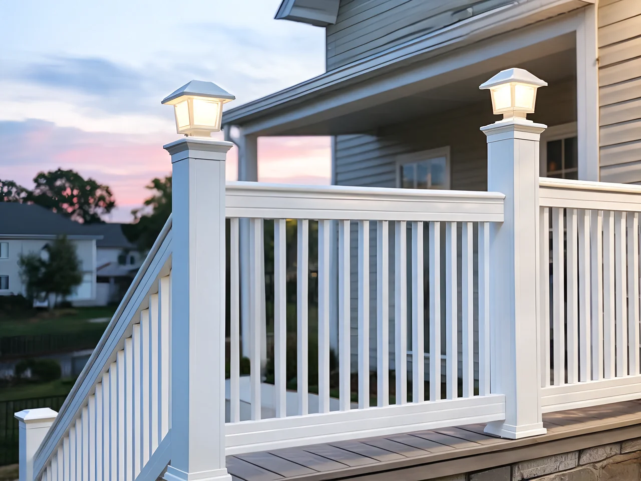 White composite porch railing idea with solar post cap lights at dusk