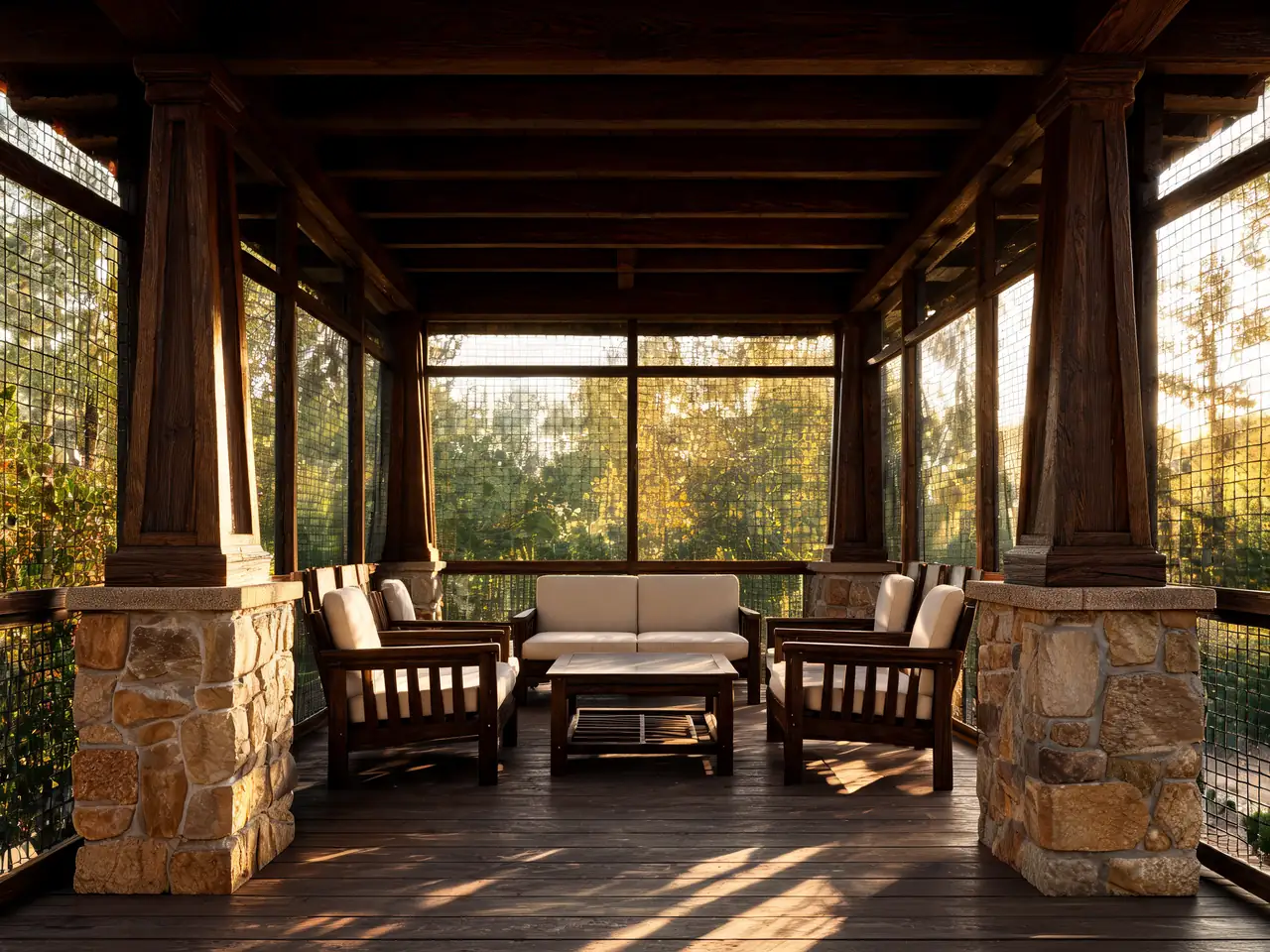 Craftsman screened-in porch idea with tapered columns on stone piers and mission furniture