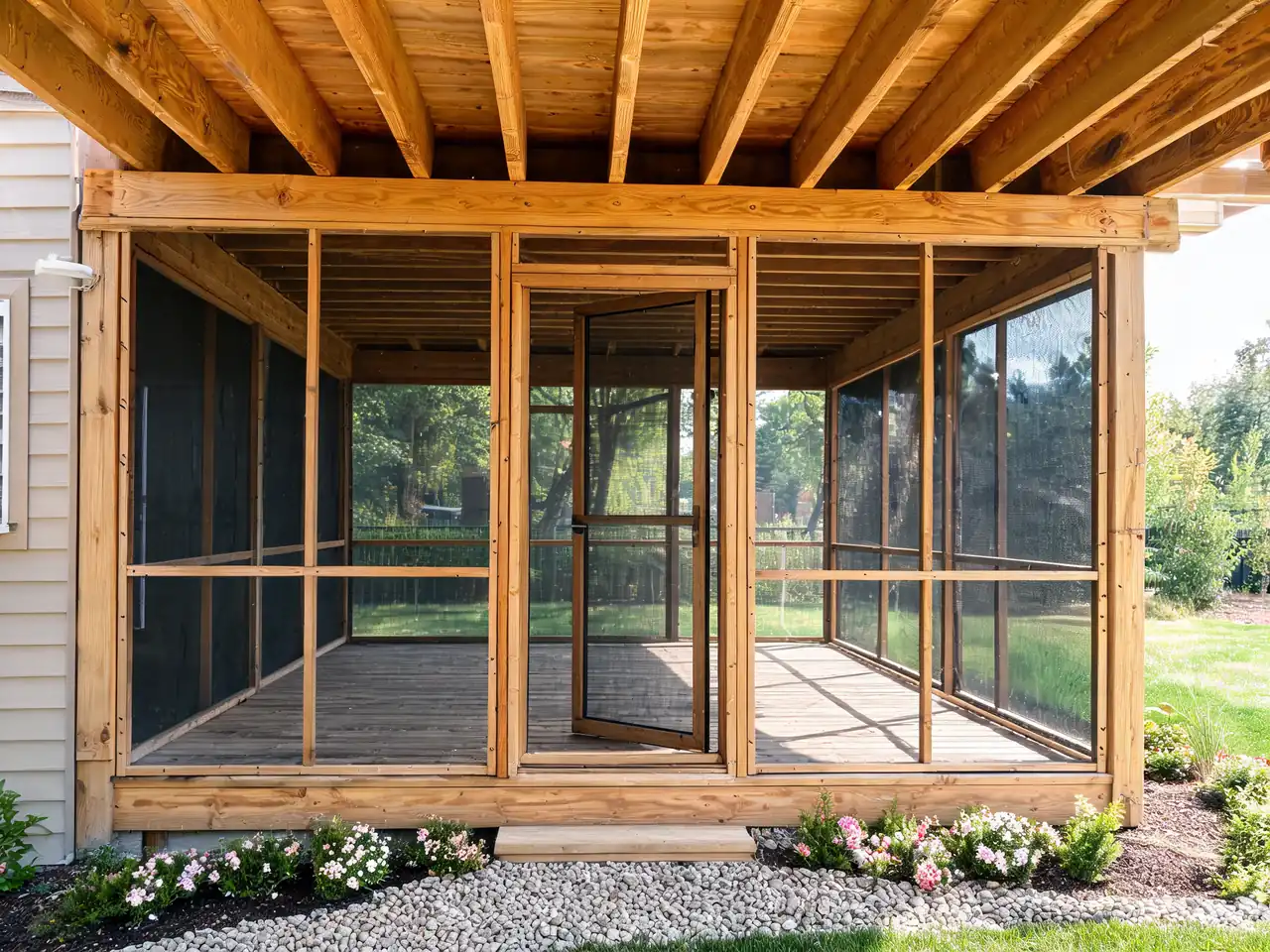 Budget screened porch idea with simple pressure-treated wood framing and stapled screening