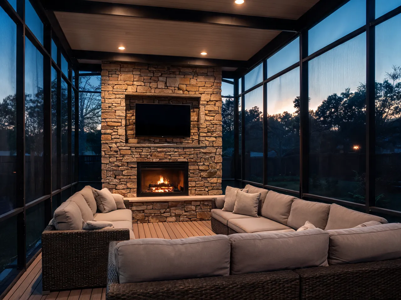 Screened-in porch idea with an outdoor stone fireplace and evening lighting