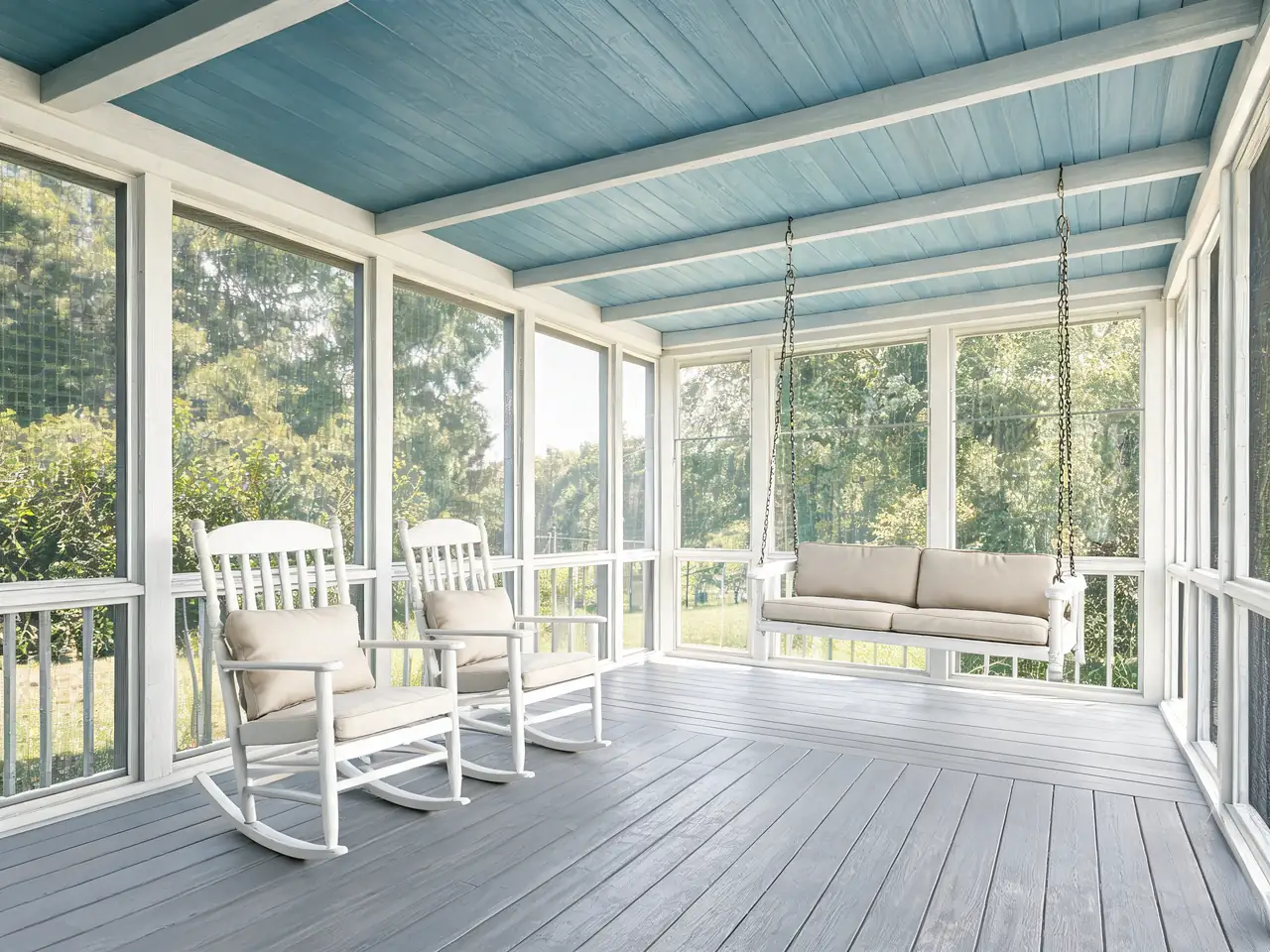 Farmhouse screened-in porch idea with white wood framing, haint blue ceiling and rocking chairs