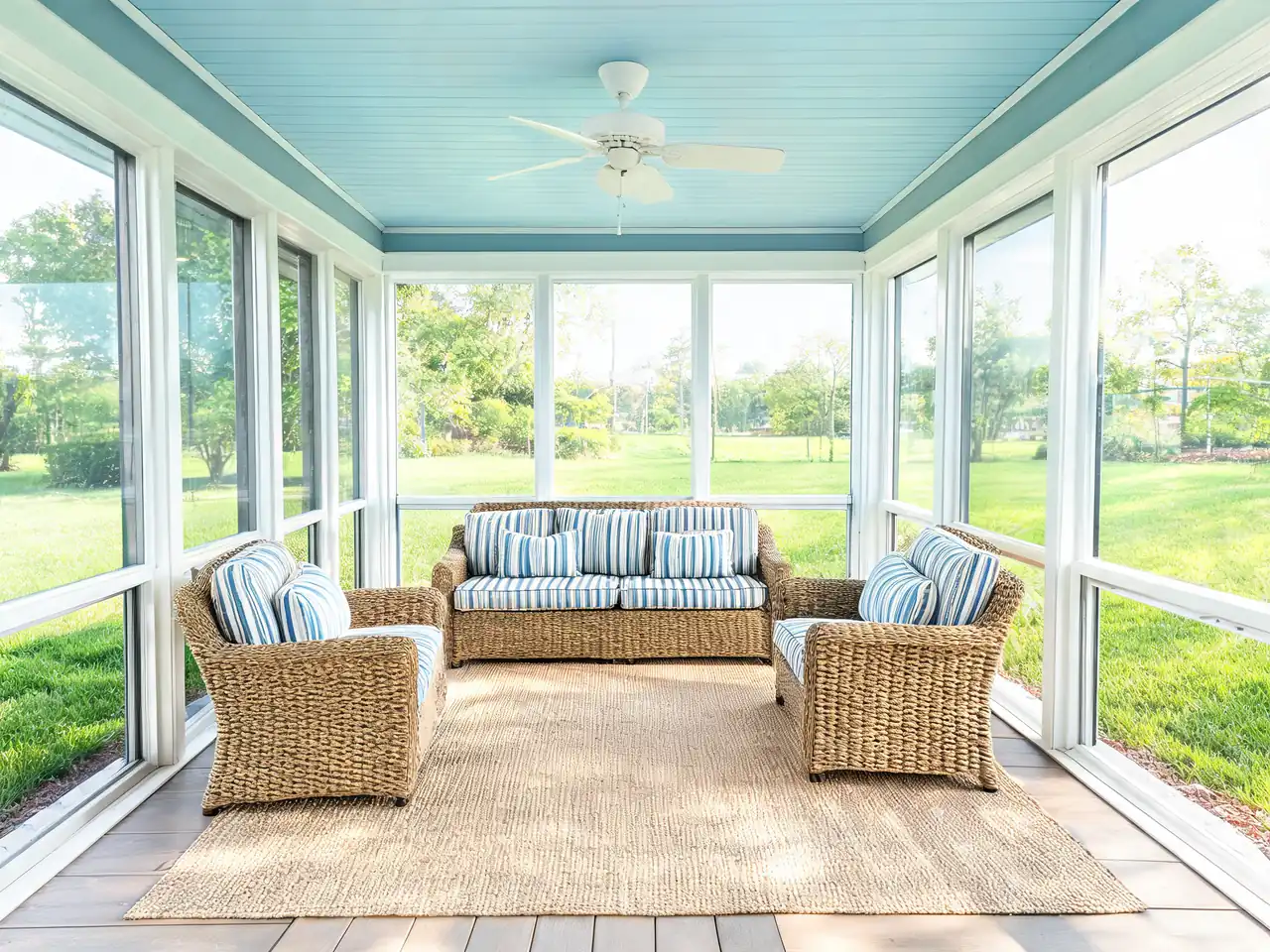 Coastal screened-in porch idea with white frames, wicker seating and a ceiling fan