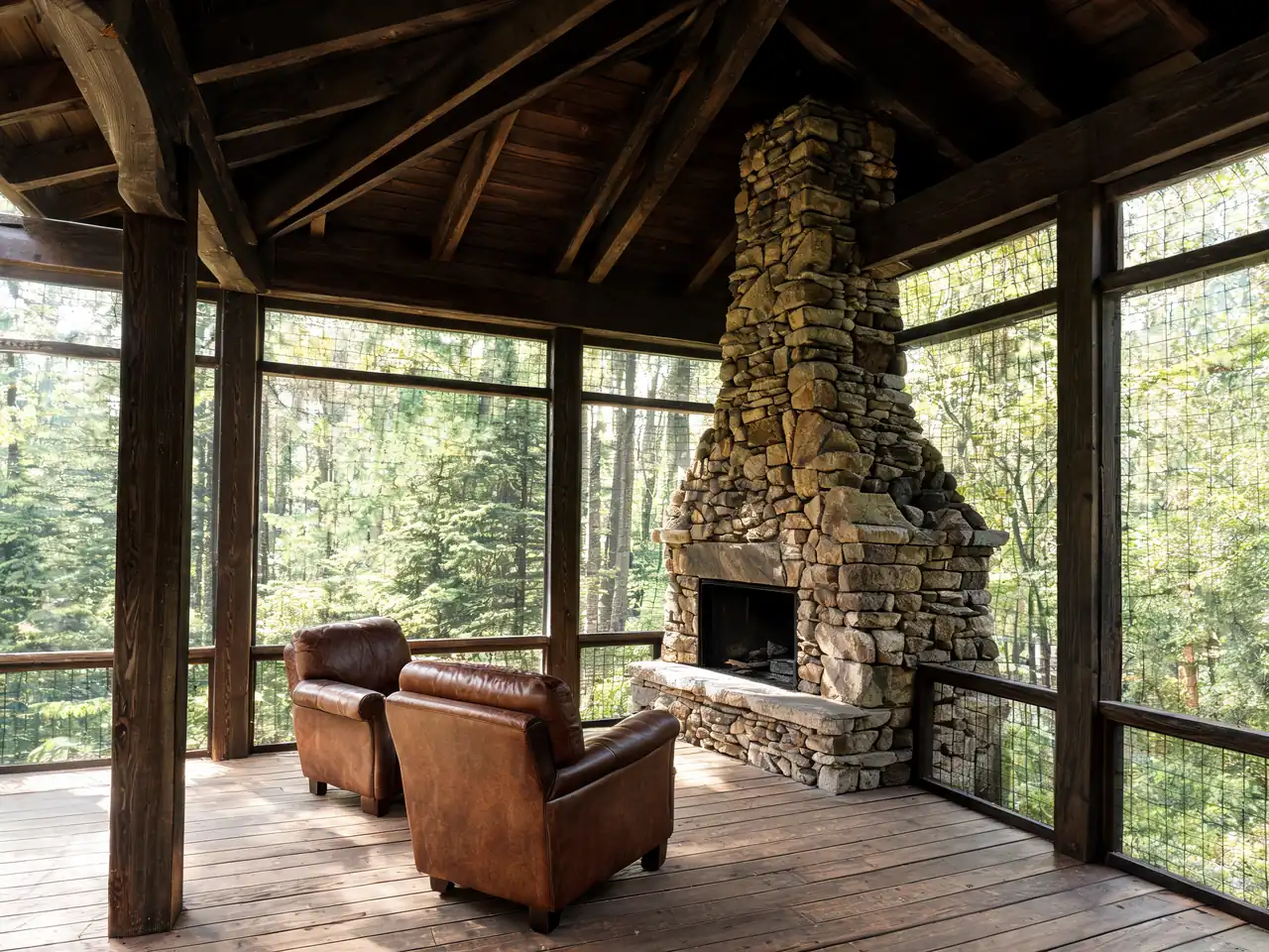 Rustic cabin screened-in porch idea with stained timber framing and a stone fireplace