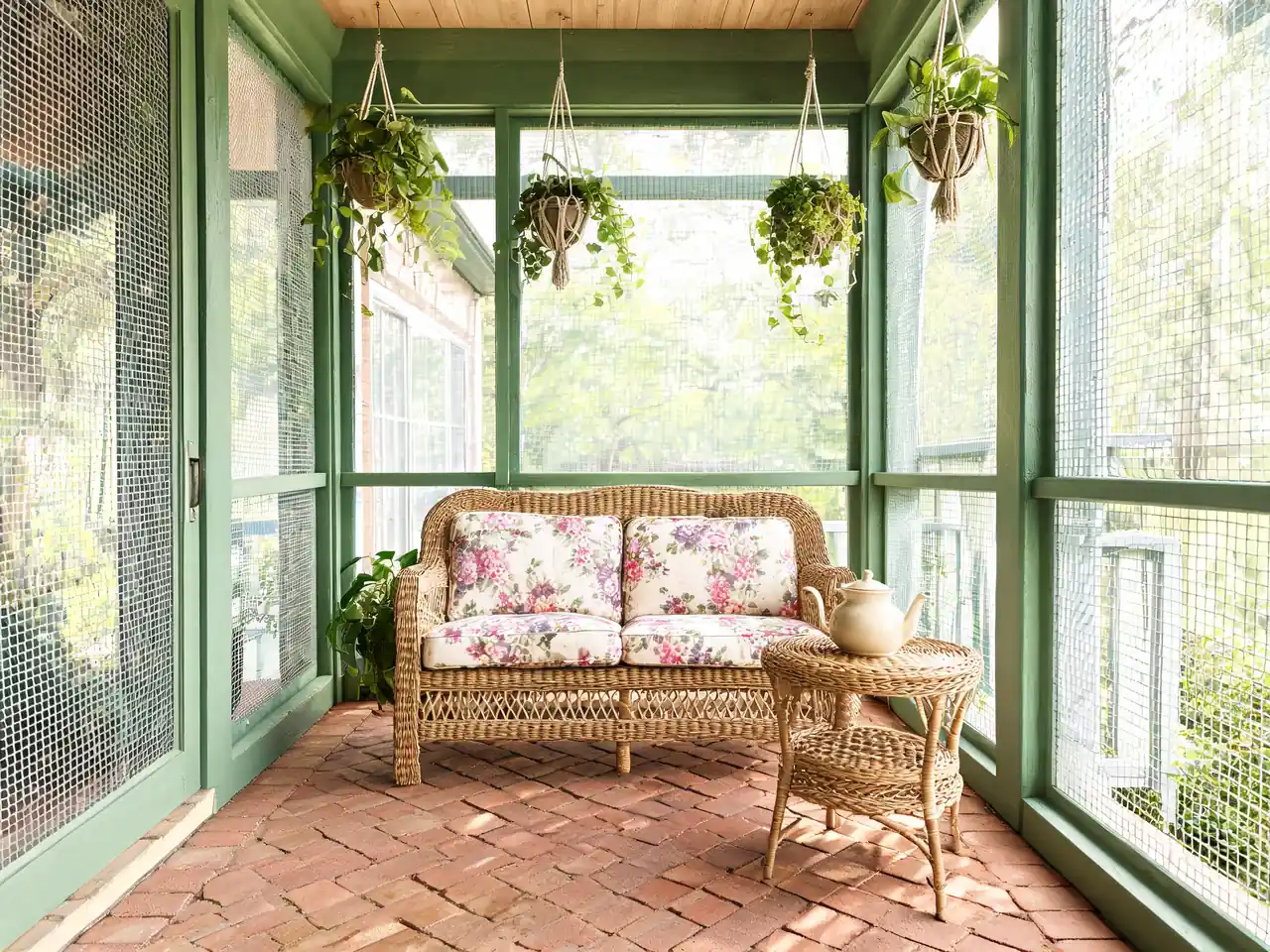 Cottage screened-in porch idea with sage green frames and a brick floor