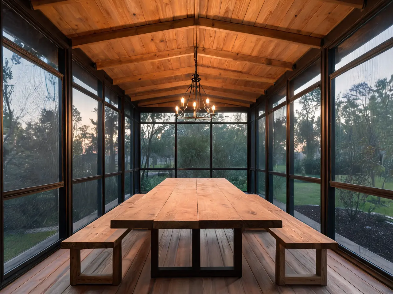 Screened-in porch idea set up for dining with a farmhouse table and metal chandelier