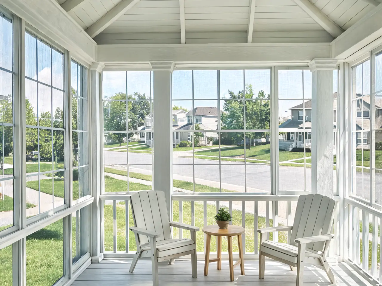Small front porch converted to a screened porch idea with simple white frames