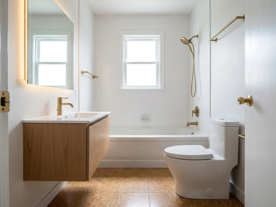 Small ensuite restyled with warm terrazzo flooring and a wall-mounted vanity. after AI redesign