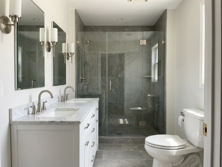 Family bathroom retiled with large-format stone and a frameless glass shower. after AI redesign