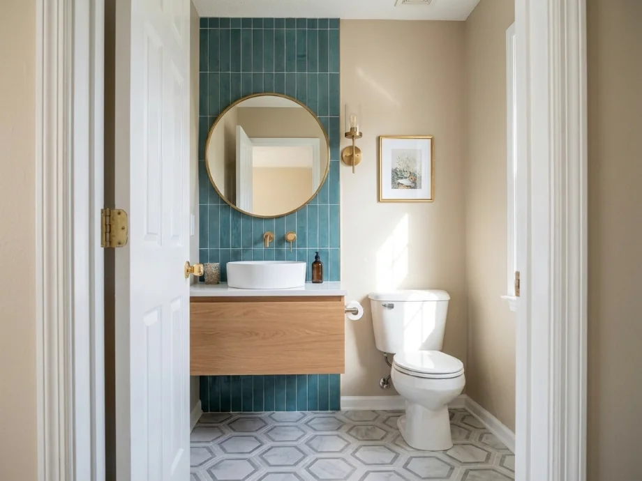 Powder room refreshed with a floating vanity and a vertical backsplash. after AI redesign