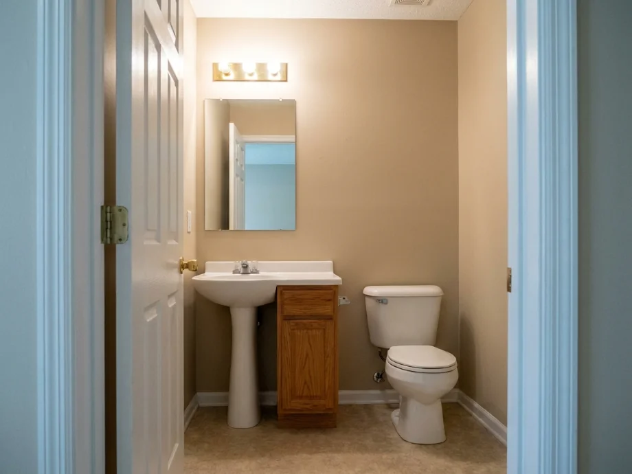 Powder room refreshed with a floating vanity and a vertical backsplash. before AI redesign