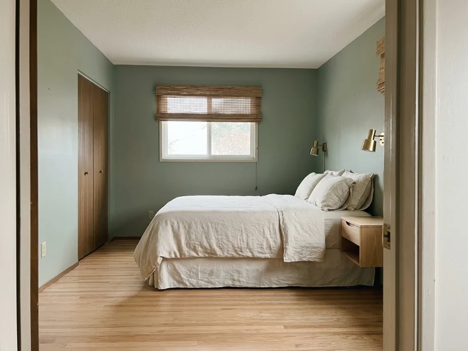 Small bedroom restyled with a calmer palette and a wall-mounted nightstand. after AI redesign