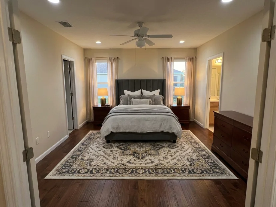 Master bedroom upgraded with an upholstered headboard and layered lighting. after AI redesign