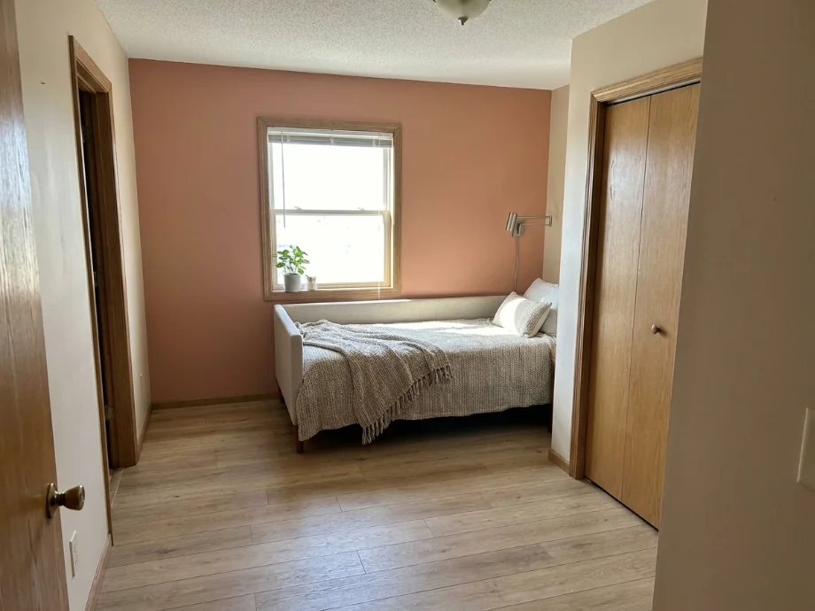 Guest bedroom refreshed with a soft accent wall and built-in storage. after AI redesign