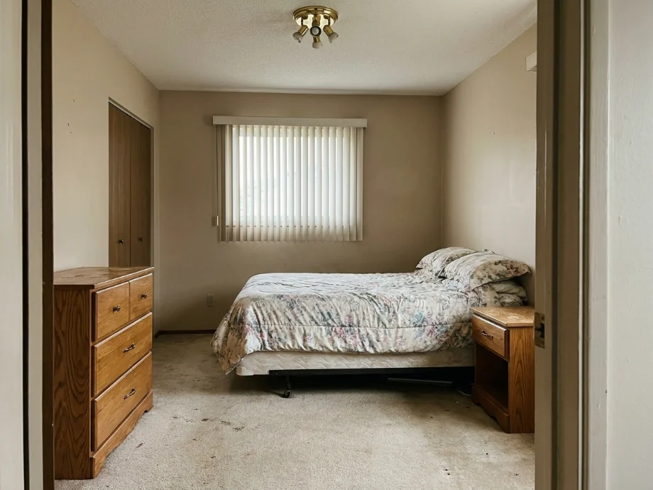 Small bedroom restyled with a calmer palette and a wall-mounted nightstand. before AI redesign