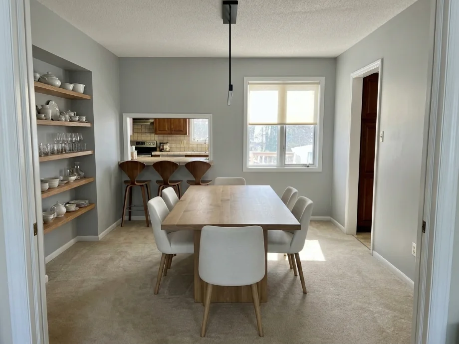 Closed dining room opened up to the kitchen with a half-wall and bar stools. after AI redesign