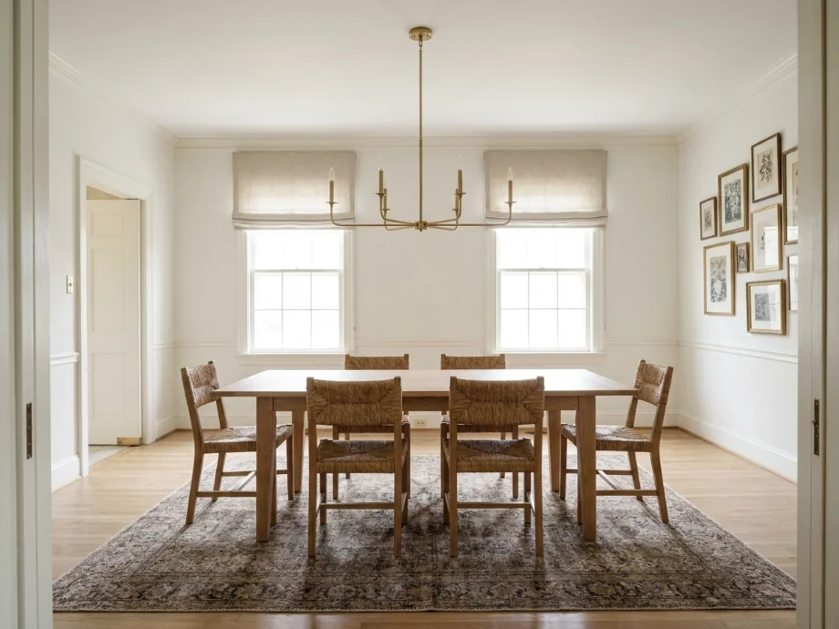 Formal dining room refreshed with a sideboard, art wall, and warmer lighting. after AI redesign