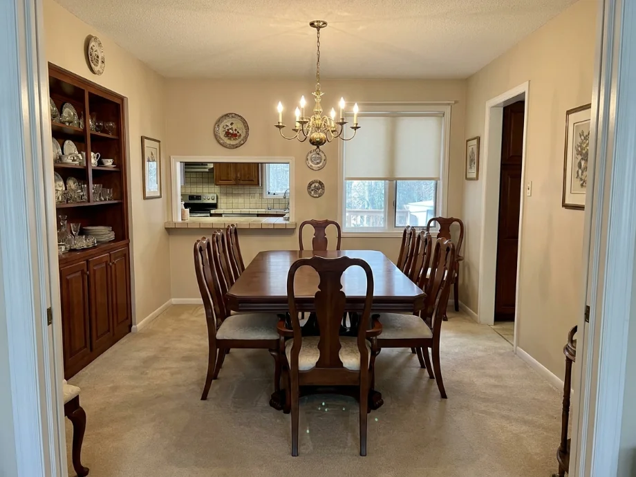 Closed dining room opened up to the kitchen with a half-wall and bar stools. before AI redesign