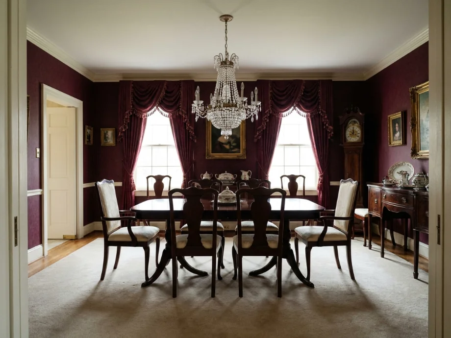 Formal dining room refreshed with a sideboard, art wall, and warmer lighting. before AI redesign