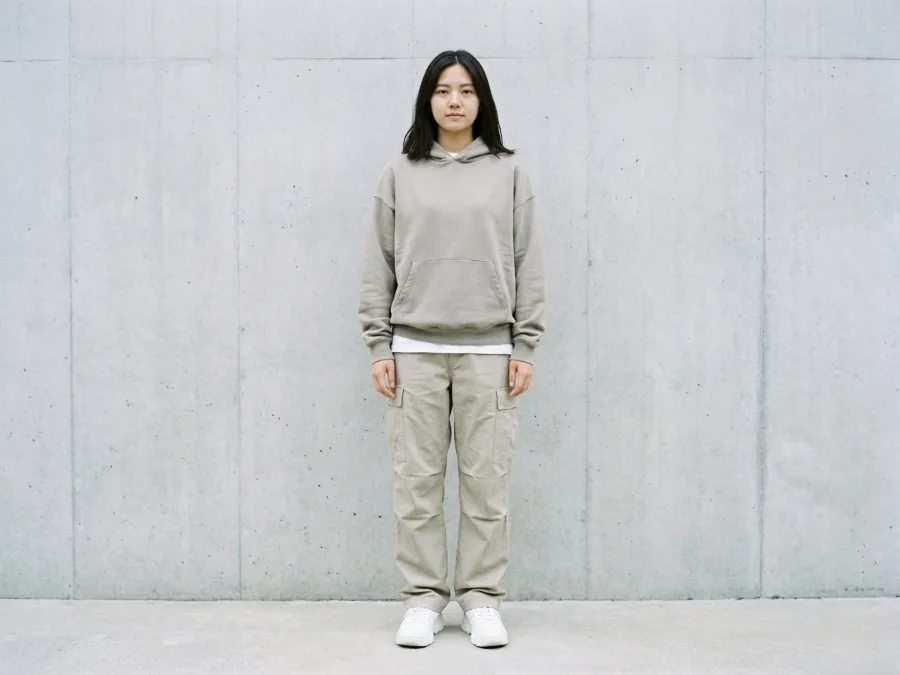 Casual outfit restyled into a streetwear look with a layered hoodie and cargo pants. after AI redesign
