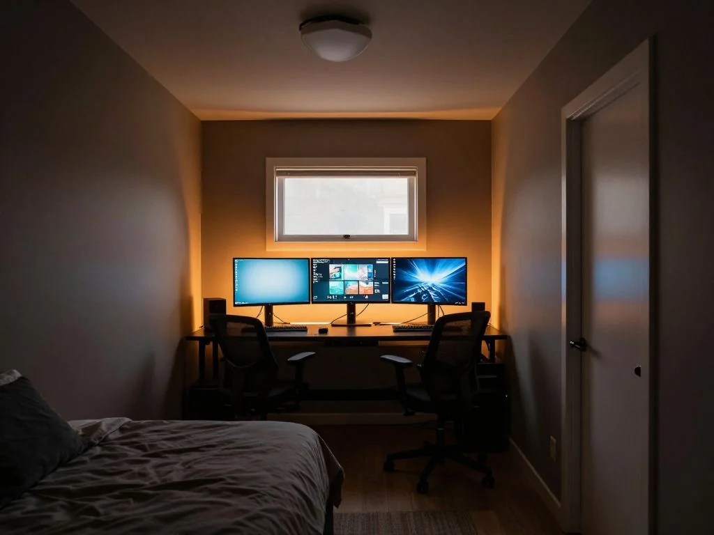 Bedroom battlestation restyled with a triple-monitor wall, ambient bias lighting, and a desk shelf. after AI redesign