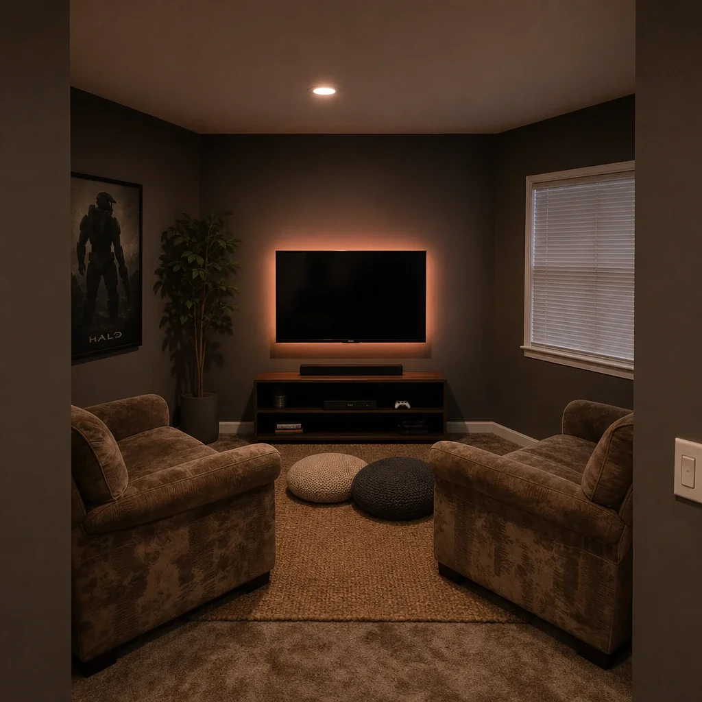Console corner upgraded with a wall-mounted TV, a media console, and RGB strips. after AI redesign