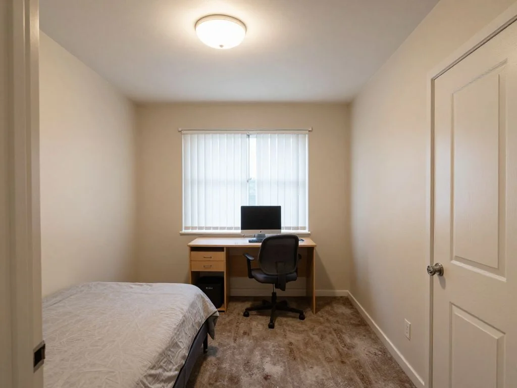 Bedroom battlestation restyled with a triple-monitor wall, ambient bias lighting, and a desk shelf. before AI redesign