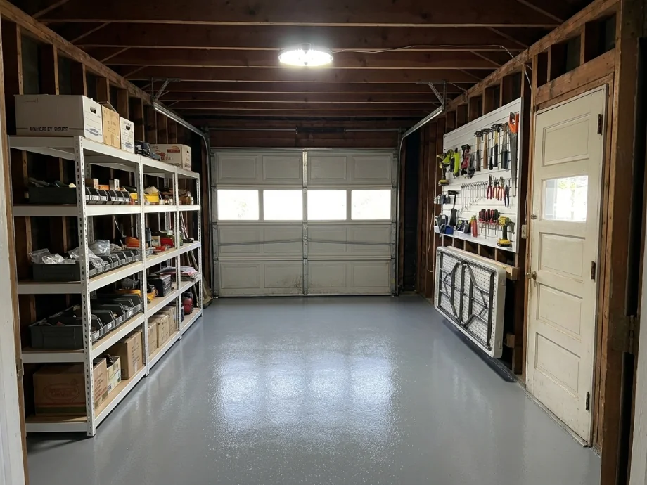 One-car garage restyled with wall shelving, a slatwall, and a folding workbench. after AI redesign