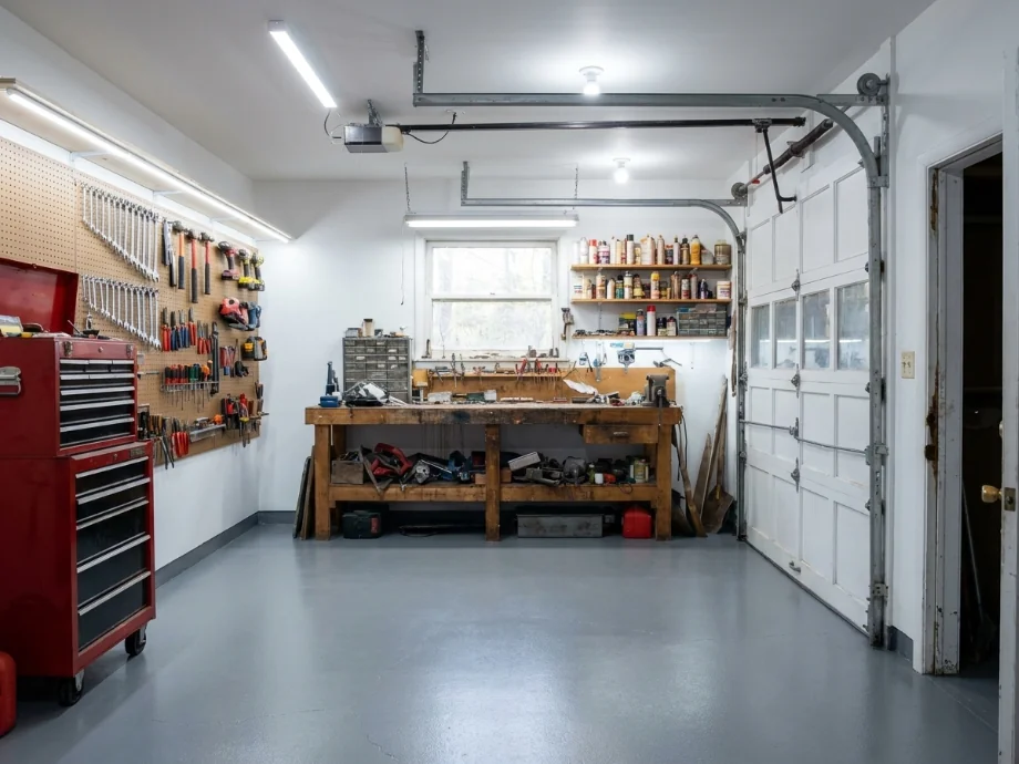 Garage workshop refreshed with a tool chest, pegboard, and brighter LED lighting. after AI redesign