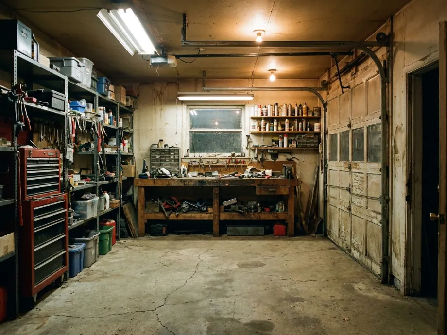 Garage workshop refreshed with a tool chest, pegboard, and brighter LED lighting. before AI redesign