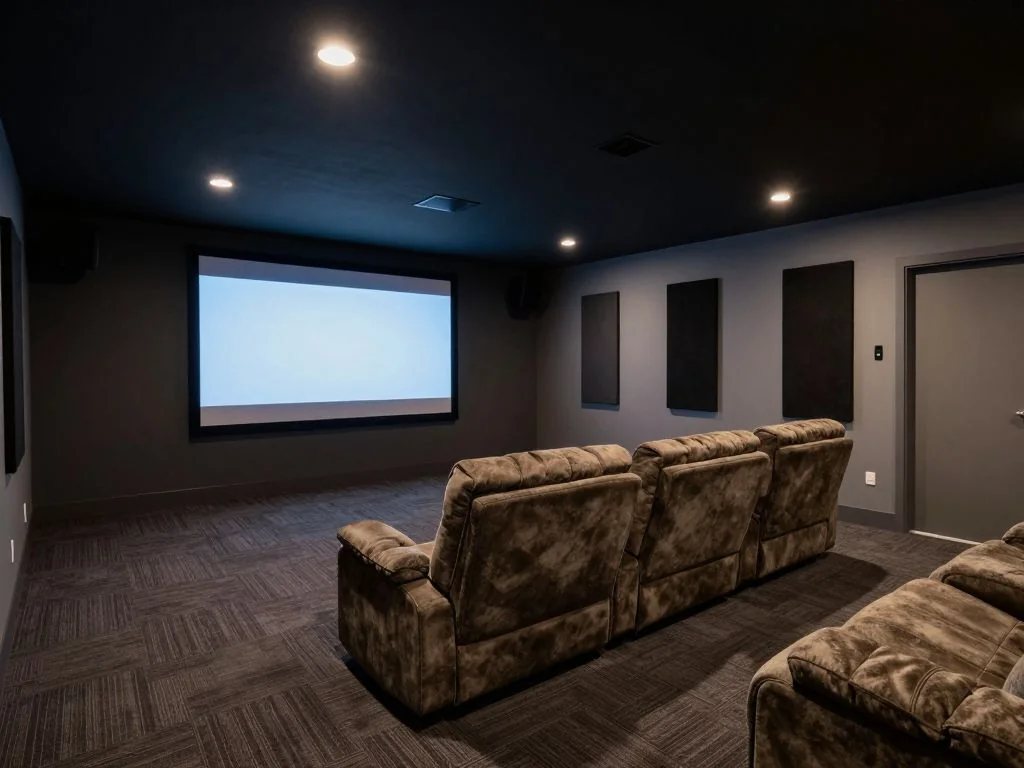 Basement theater restyled with tiered seating, acoustic panels, and a 120-inch screen. after AI redesign