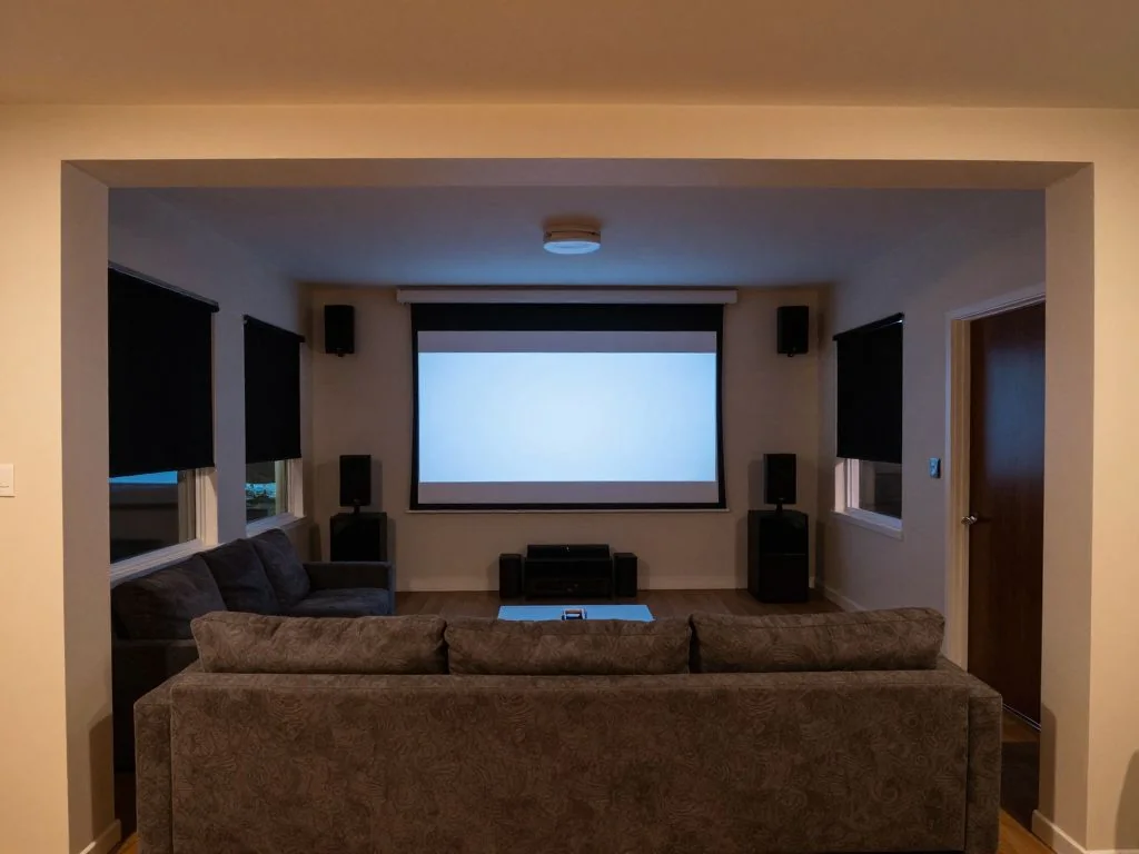 Living room theater upgraded with a projector, blackout shades, and a 5.1 layout. after AI redesign