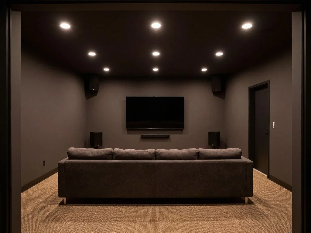 Media room refreshed with a sectional, a soundbar, and dimmable recessed lights. after AI redesign
