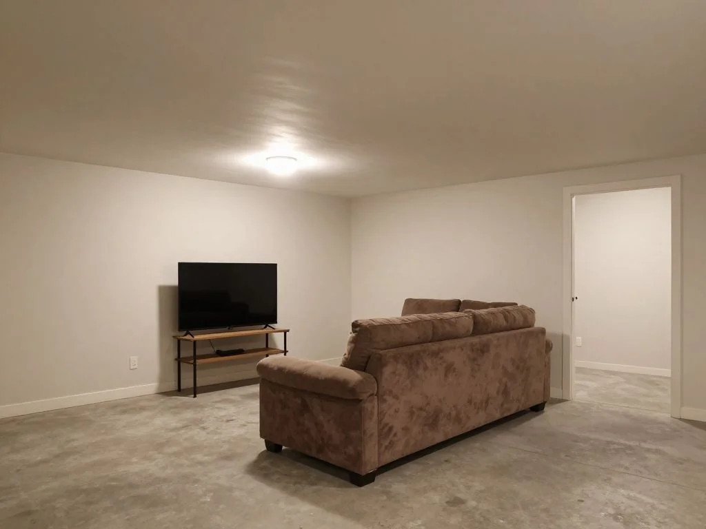 Basement theater restyled with tiered seating, acoustic panels, and a 120-inch screen. before AI redesign